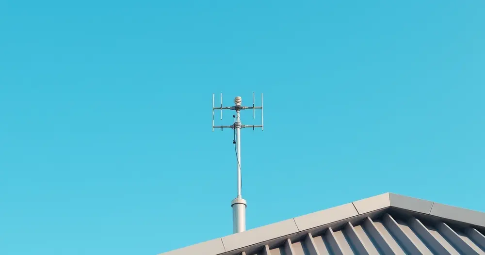 Antena digital instalada em telhado com céu ao fundo