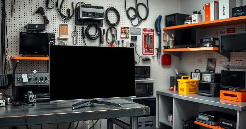 Técnico avaliando uma televisão em balcão de assistência