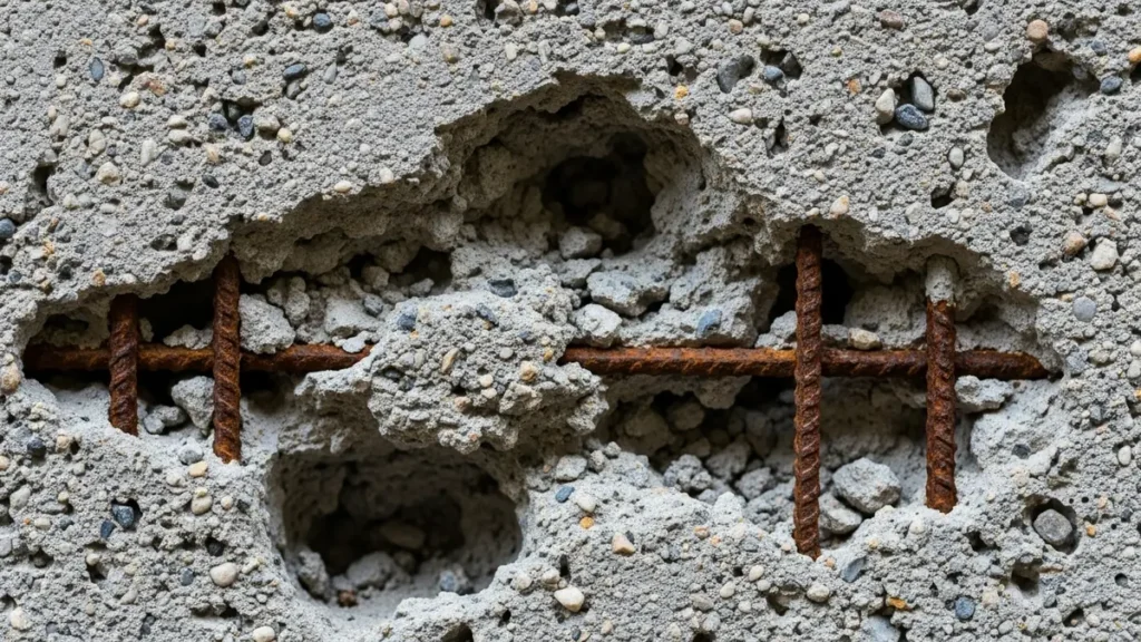 Bicheira: vazios no concreto por má concretagem e vibração